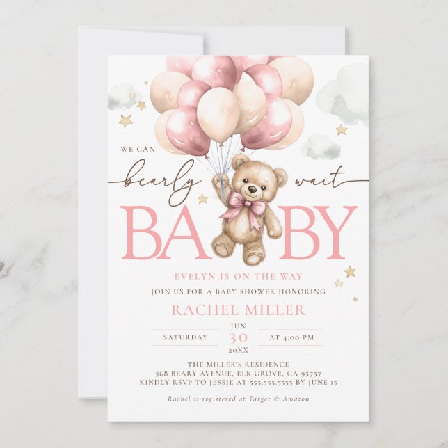 Pink Bear Balloons We Can Bearly Wait Baby Shower Invitation (Front)