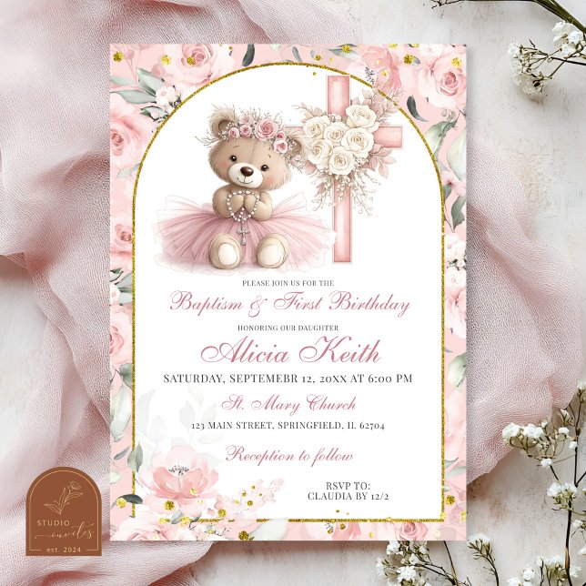 Pink Bear Baptism & First Birthday Invitation (Creator Uploaded)
