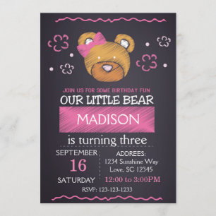 Pink  Bear Birthday Invitation