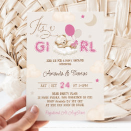 Pink Bear Boho Baby Shower Invitation