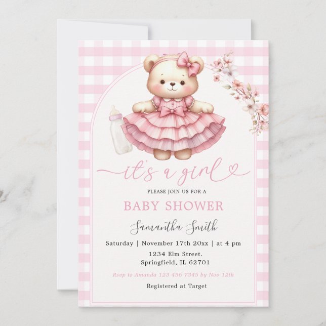 Pink Bear Bottle Baby Shower Girl Pink Gingham Invitation (Front)