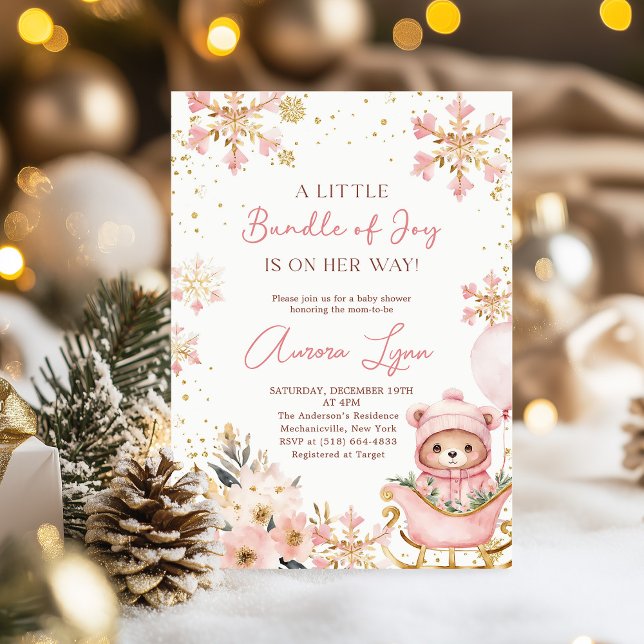 Pink Bear Christmas Winter Girl Baby Shower  Invitation (Creator Uploaded)