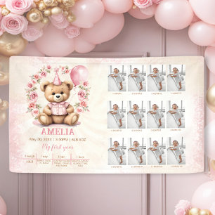Pink Bear Girl 1st Birthday Photo Milestone Banner