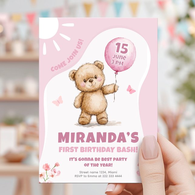 Pink Bear Girl Birthday Party Invitation (Creator Uploaded)