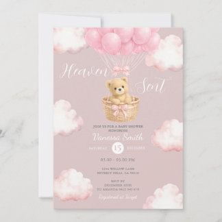 Pink Bear Heaven Sent Balloon Baby Shower Invite