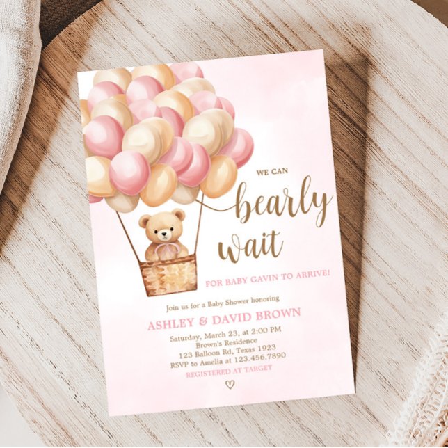 Pink Bear Hot Air Balloon Baby Shower  Invitation (Girl Bear Boho Baby Shower Invitation)