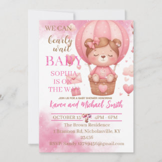 Pink Bear Hot Air Balloon Baby Shower Set Invitati Invitation