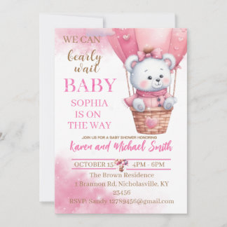 Pink Bear Hot Air Balloon Baby Shower Set Invitati Invitation