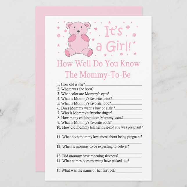 Pink bear How well do you know baby shower game (Front/Back)