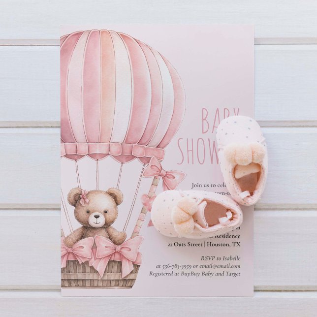 Pink Bear in Balloon Baby Shower Girl Invitation (Pink Bear in Balloon Baby Shower Girl Invitation)