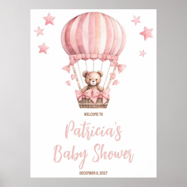 Pink Bear in Hot Air Balloon Baby Shower Welcome Poster (Front)