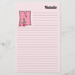 Pink Bear Mongram "N" Lined Stationery