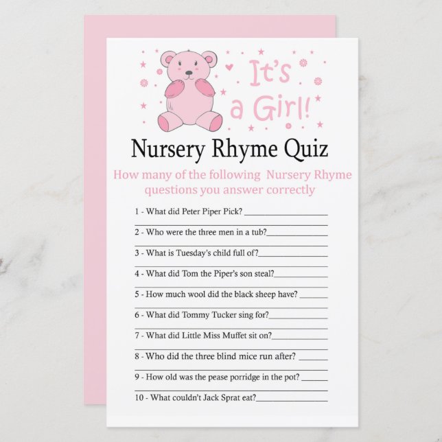 Pink bear Nursery Rhyme Quiz baby shower game (Front/Back)