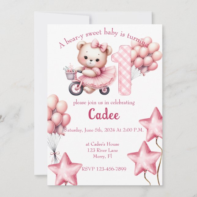 Pink Bear on BIcycle birthday Invitation (Front)