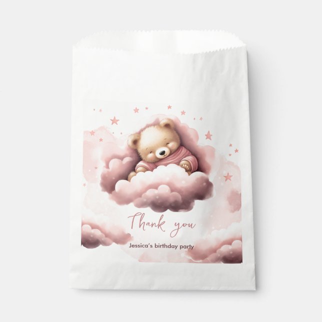 Pink bear on clouds baby birthday favour bag (Front)