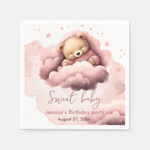 Pink bear on clouds baby birthday invitation  napkin