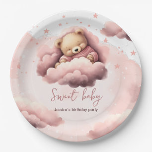Pink bear on clouds baby birthday party plate