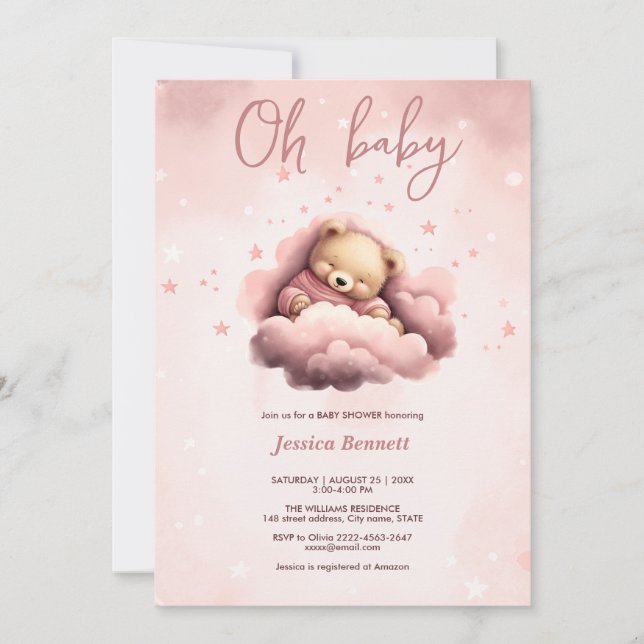 Pink Bear on Clouds Baby Shower Invitation (Front)