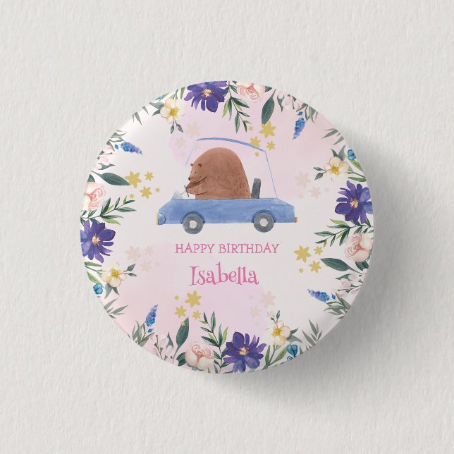 Pink Bear Race car Tropical flower Birthday party 3 Cm Round Badge (Front)
