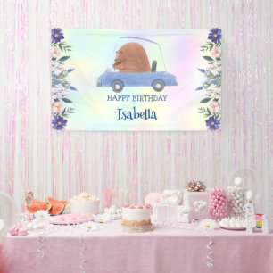Pink Bear Race car Tropical flower Birthday party Banner