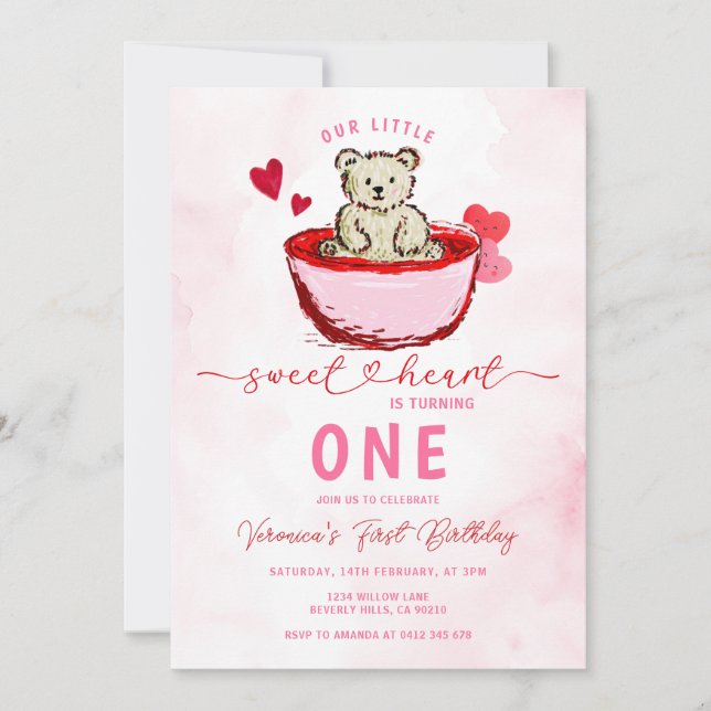 Pink Bear Sweetheart Valentine 1st Birthday Invitation (Front)