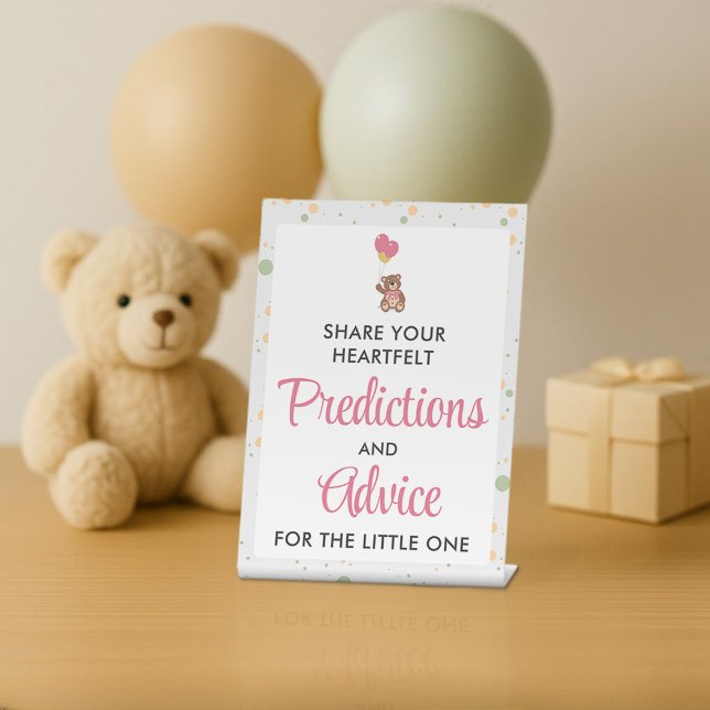 Pink Bear Theme Baby Shower Prediction and Advice Pedestal Sign (Creator Uploaded)