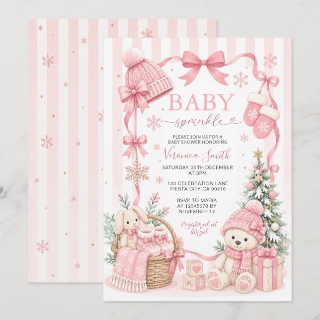 Pink bear Winter Baby Sprinkle Invitation (Front/Back)