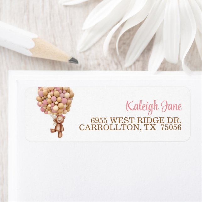 Pink Bear with Balloons Address Label (Insitu)