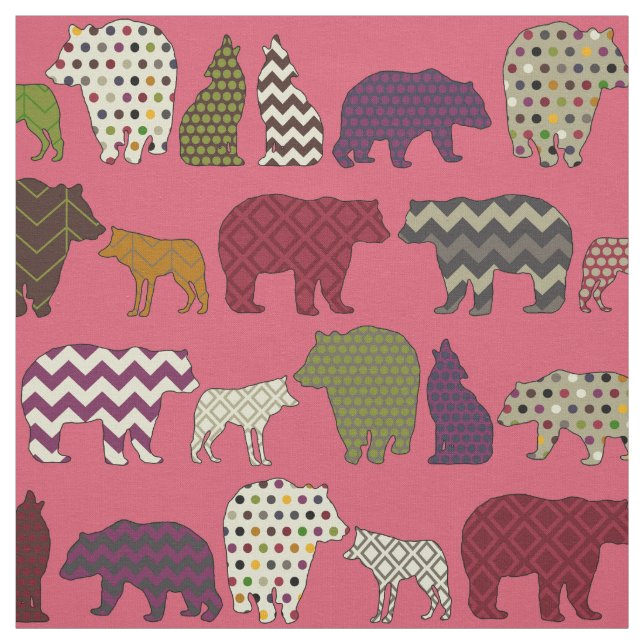 pink bear wolf geo party fabric (Swatch)
