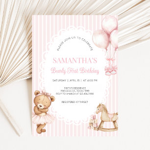 Pink Bearly First Birthday Party Invitation