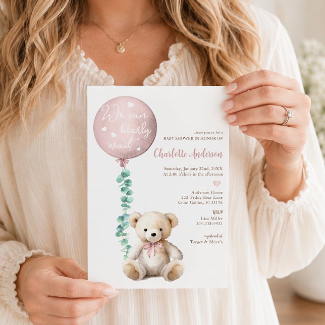 Pink Bearly Wait Eucalyptus Baby Shower Invite (We can bearly wait baby shower invite)