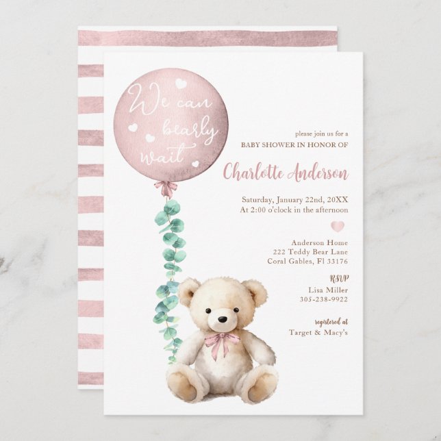 Pink Bearly Wait Eucalyptus Baby Shower Invite (Front/Back)