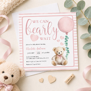 Pink Bearly Wait Girl Baby Shower Invitation