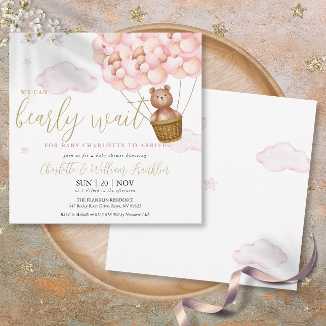 Pink Bearly Wait Teddy Bear Girl Baby Shower Invitation (Pink Bearly Wait Teddy Bear Girl Baby Shower Invitation)