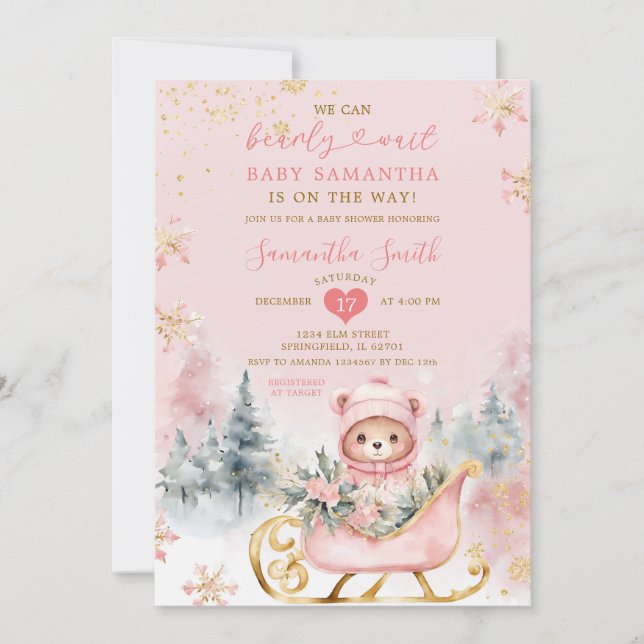 Pink Bearly Wait Winter Forest Baby Shower Bear Invitation (Front)