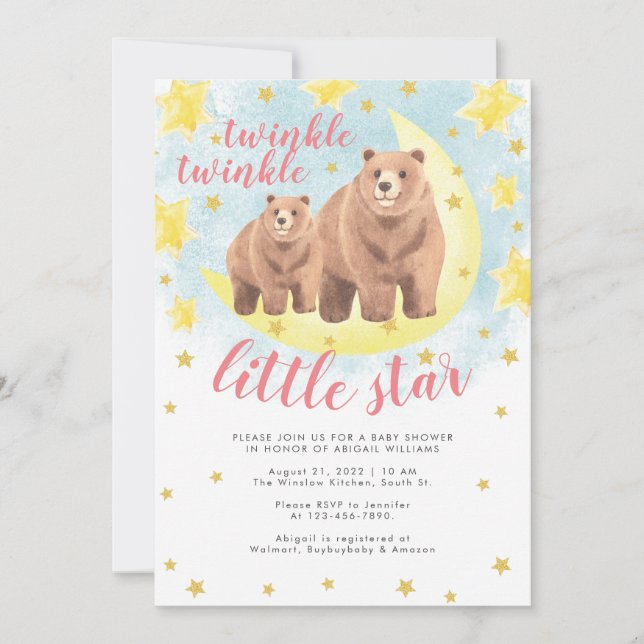 Pink Bears Gold Twinkle Little Star Baby Shower Invitation (Front)