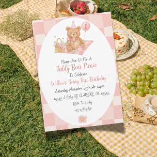 Pink Beary 1st Birthday Invitation 