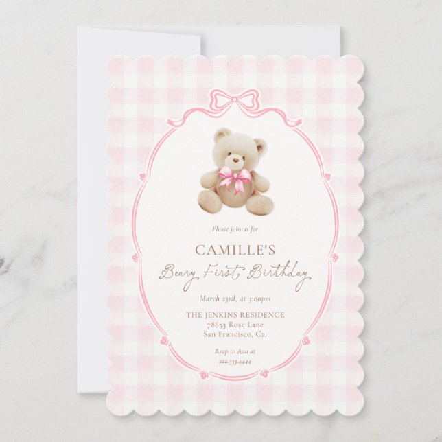 Pink Beary First Birthday Invitation (Front)