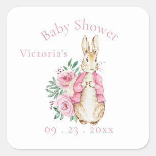 Pink Beatrix Potter Bunny Rabbit Baby Shower Square Sticker