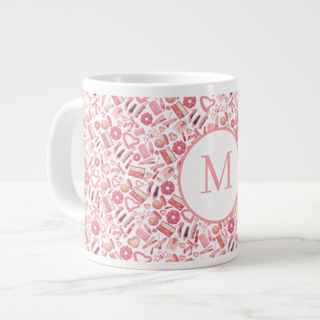 Pink Beauty & Makeup Seamless Pattern Girly  Large Coffee Mug (Front Left)