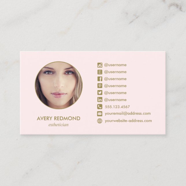 Pink Beauty Salon Add Photo  Social Media Icons Business Card (Front)