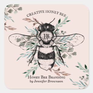 Pink Bee Apiary Flower Honey Marketing Square Sticker