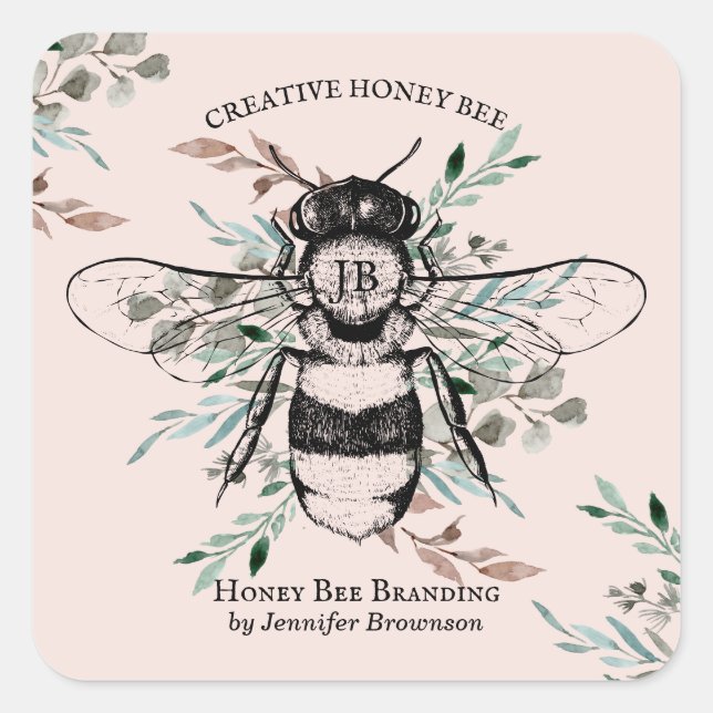 Pink Bee Apiary Flower Honey Marketing Square Sticker (Front)