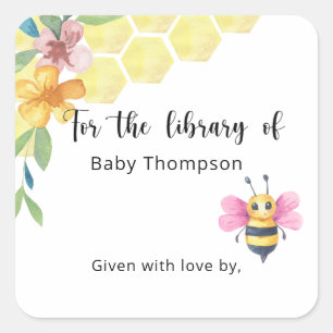 Pink Bee - Baby Shower bookplate, books for baby Square Sticker