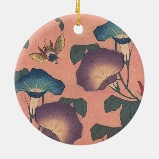 Pink Bee Flower Classic Hokusai Art Ceramic Tree Decoration (Back)
