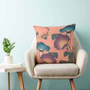 Pink Bee Flower Classic Hokusai Art Cushion