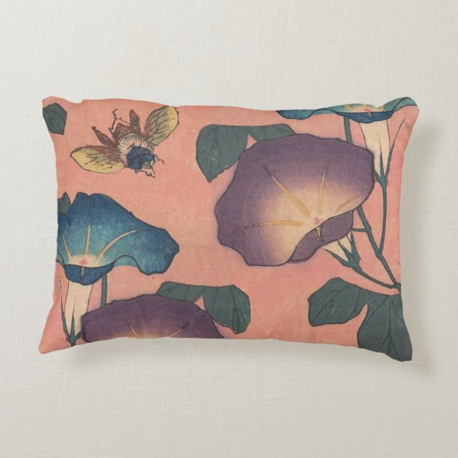 Pink Bee Flower Classic Hokusai Art Decorative Cushion (Back)