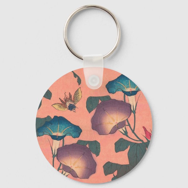Pink Bee Flower Classic Hokusai Art Key Ring (Front)