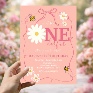 Pink Bee Isn't she ONEderful Daisy First Birthday Invitation
