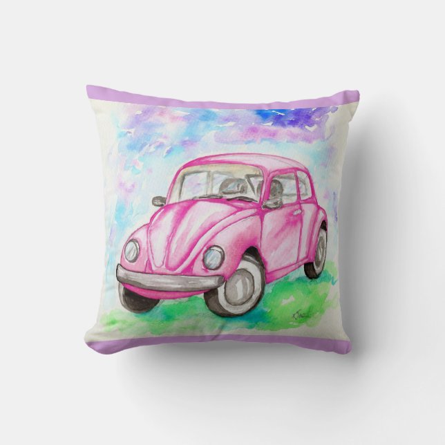 Pink Beetle Watercolor Painting Cushion (Front)